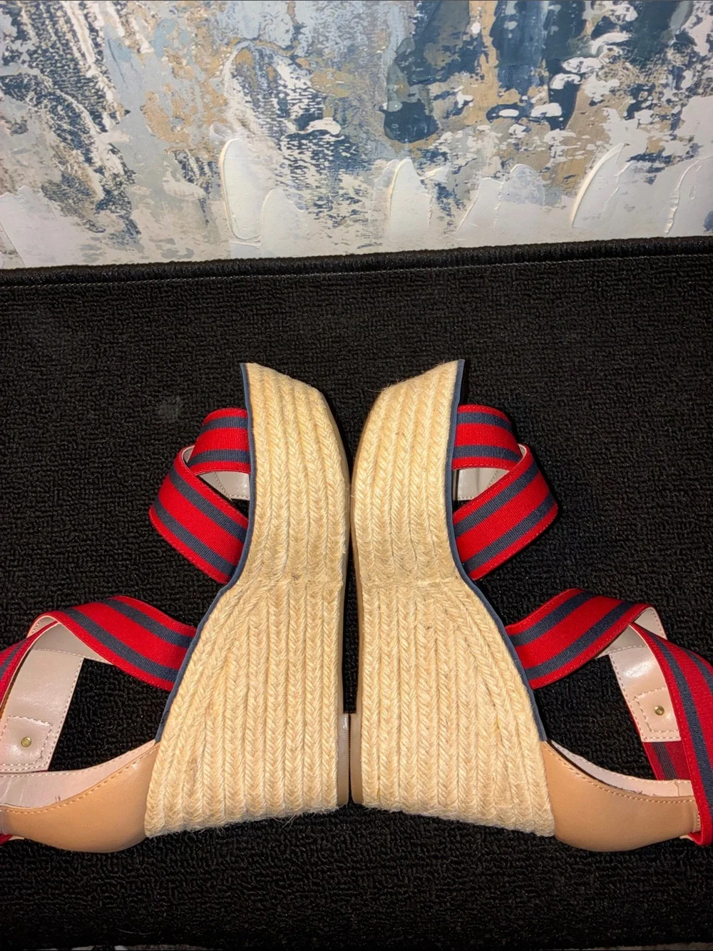 NWT Tommy Hilfiger Red & Navy Striped Espadrille Wedge Sandals Size 7.5